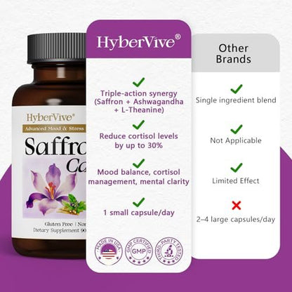 HyberVive Saffron-Komplex mit Ashwagandha & L-Theanin – 368,5 mg – Stimmungsbalance, Stressabbau & geistige Klarheit – Cortisol-Unterstützung für Frauen & Männer, hergestellt in den USA, 90 vegane Kapseln