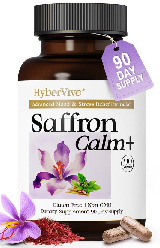HyberVive Saffron-Komplex mit Ashwagandha & L-Theanin – 368,5 mg – Stimmungsbalance, Stressabbau & geistige Klarheit – Cortisol-Unterstützung für Frauen & Männer, hergestellt in den USA, 90 vegane Kapseln