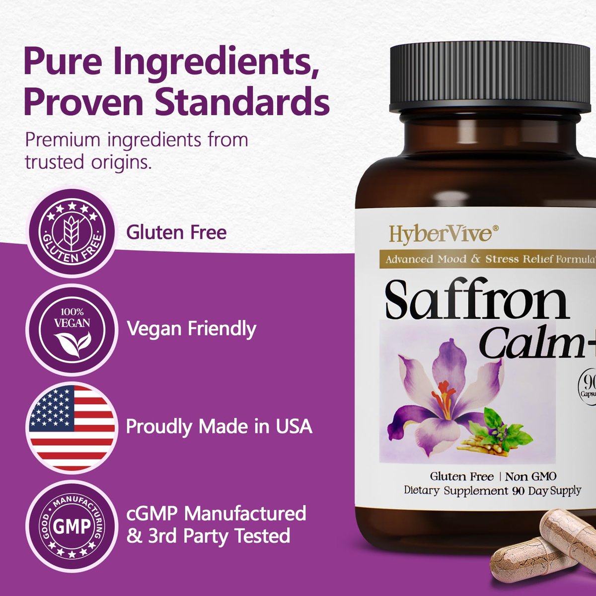 HyberVive Saffron-Komplex mit Ashwagandha & L-Theanin – 368,5 mg – Stimmungsbalance, Stressabbau & geistige Klarheit – Cortisol-Unterstützung für Frauen & Männer, hergestellt in den USA, 90 vegane Kapseln