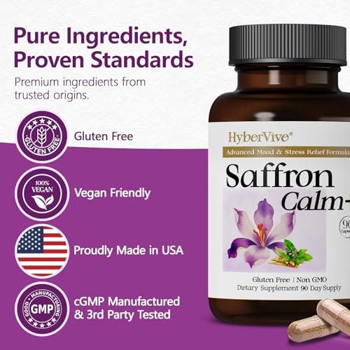 HyberVive Saffron-Komplex mit Ashwagandha & L-Theanin – 368,5 mg – Stimmungsbalance, Stressabbau & geistige Klarheit – Cortisol-Unterstützung für Frauen & Männer, hergestellt in den USA, 90 vegane Kapseln