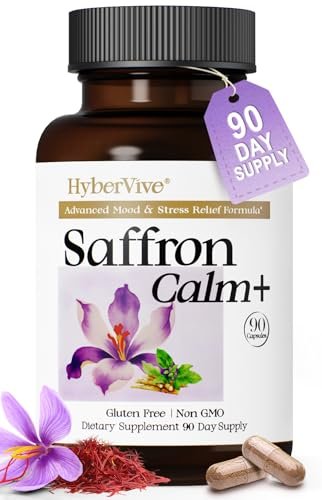 HyberVive Saffron-Komplex mit Ashwagandha & L-Theanin – 368,5 mg – Stimmungsbalance, Stressabbau & geistige Klarheit – Cortisol-Unterstützung für Frauen & Männer, hergestellt in den USA, 90 vegane Kapseln