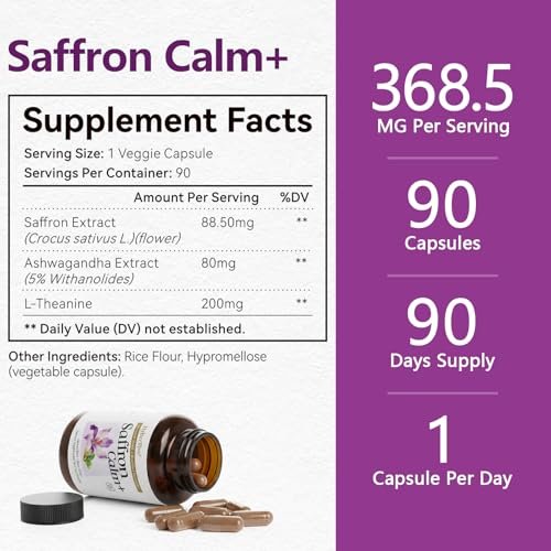 HyberVive Saffron-Komplex mit Ashwagandha & L-Theanin – 368,5 mg – Stimmungsbalance, Stressabbau & geistige Klarheit – Cortisol-Unterstützung für Frauen & Männer, hergestellt in den USA, 90 vegane Kapseln
