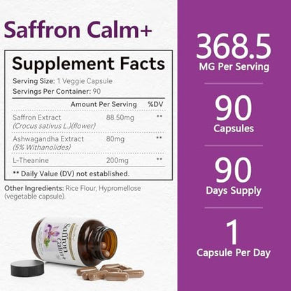 HyberVive Saffron-Komplex mit Ashwagandha & L-Theanin – 368,5 mg – Stimmungsbalance, Stressabbau & geistige Klarheit – Cortisol-Unterstützung für Frauen & Männer, hergestellt in den USA, 90 vegane Kapseln