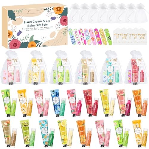 24 Sets Geschenke für Frauen im Großpack: Handcreme, Lippenbalsam, Mini-Nagelfeilen im Organzabeutel mit Dankeskarte – Ideal als Gastgeschenke für Babyparty, Hochzeit, Weihnachten