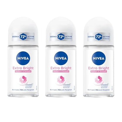 NIVEA Extra Bright 8 Super Food Vitamin C Collagen Booster Deodorant Roll-On – Alkoholfrei, 72h Schutz, 3er Pack (3 x 50 ml)