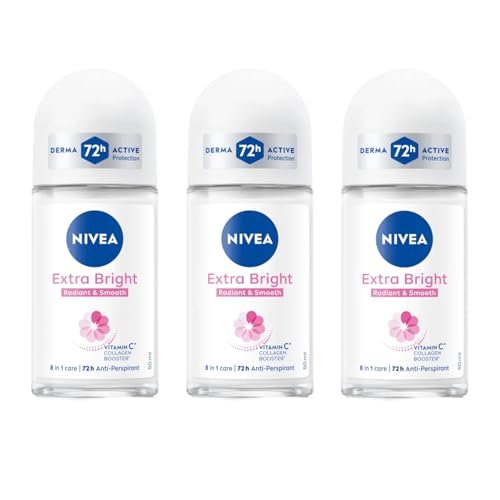 NIVEA Extra Bright 8 Super Food Vitamin C Collagen Booster Deodorant Roll-On – Alkoholfrei, 72h Schutz, 3er Pack (3 x 50 ml)