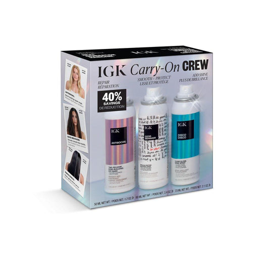 IGK Must Have Travel Kit Holiday 2025 – Reiseset mit GOOD BEHAVIOR Glättungsspray, DISCO DISCO Glanzspray & ANTISOCIAL Trockene Haarmaske – TSA-geprüfte Reisegrößen für unterwegs
