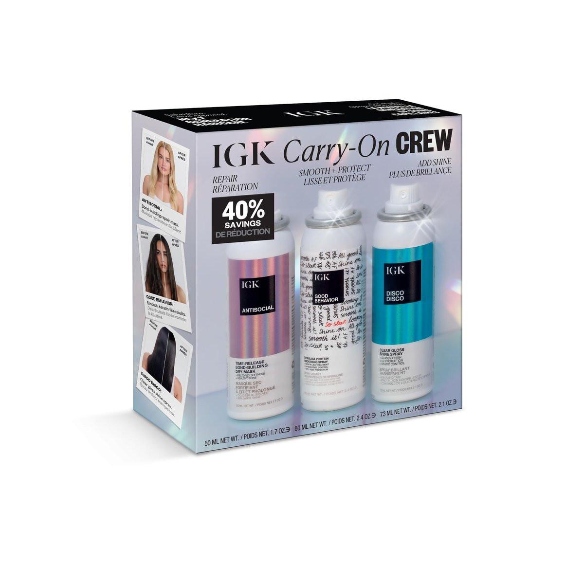 IGK Must Have Travel Kit Holiday 2025 – Reiseset mit GOOD BEHAVIOR Glättungsspray, DISCO DISCO Glanzspray & ANTISOCIAL Trockene Haarmaske – TSA-geprüfte Reisegrößen für unterwegs