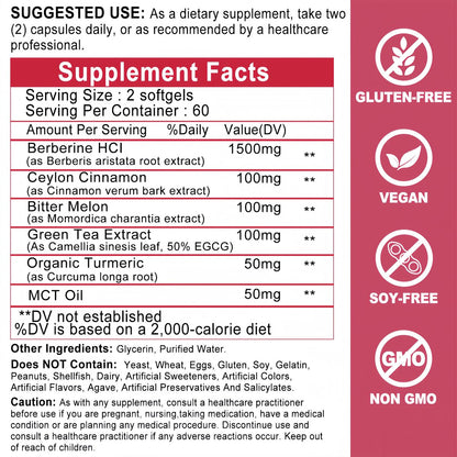 Berberin mit Ceylon-Zimt – Berberin Supplement 1500mg mit Bittermelone Kurkuma für Stoffwechsel, Immunsystem & Verdauung – Hochabsorbierende extra starke Berberin Softgels – Vegan, Nicht-GVO
