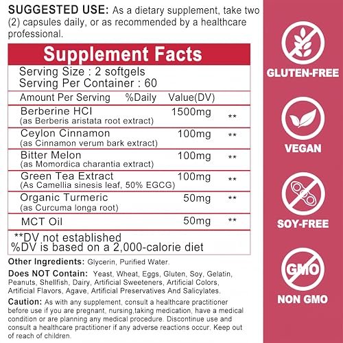 Berberin mit Ceylon-Zimt – Berberin Supplement 1500mg mit Bittermelone Kurkuma für Stoffwechsel, Immunsystem & Verdauung – Hochabsorbierende extra starke Berberin Softgels – Vegan, Nicht-GVO