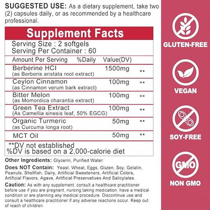 Berberin mit Ceylon-Zimt – Berberin Supplement 1500mg mit Bittermelone Kurkuma für Stoffwechsel, Immunsystem & Verdauung – Hochabsorbierende extra starke Berberin Softgels – Vegan, Nicht-GVO