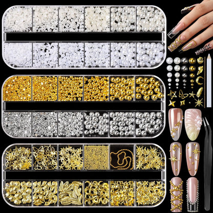 FANDAMEI Gold Nail Gems, 3D Stern Nagelcharm, Flache Rückseite Perlen Weiß Beige, Halbrunde Silber und Gold Nagelcharm, Gemischte Größen Perlen für Nägel, Metall Nagelperlen, 3D Metallic Nagelkunst Studs