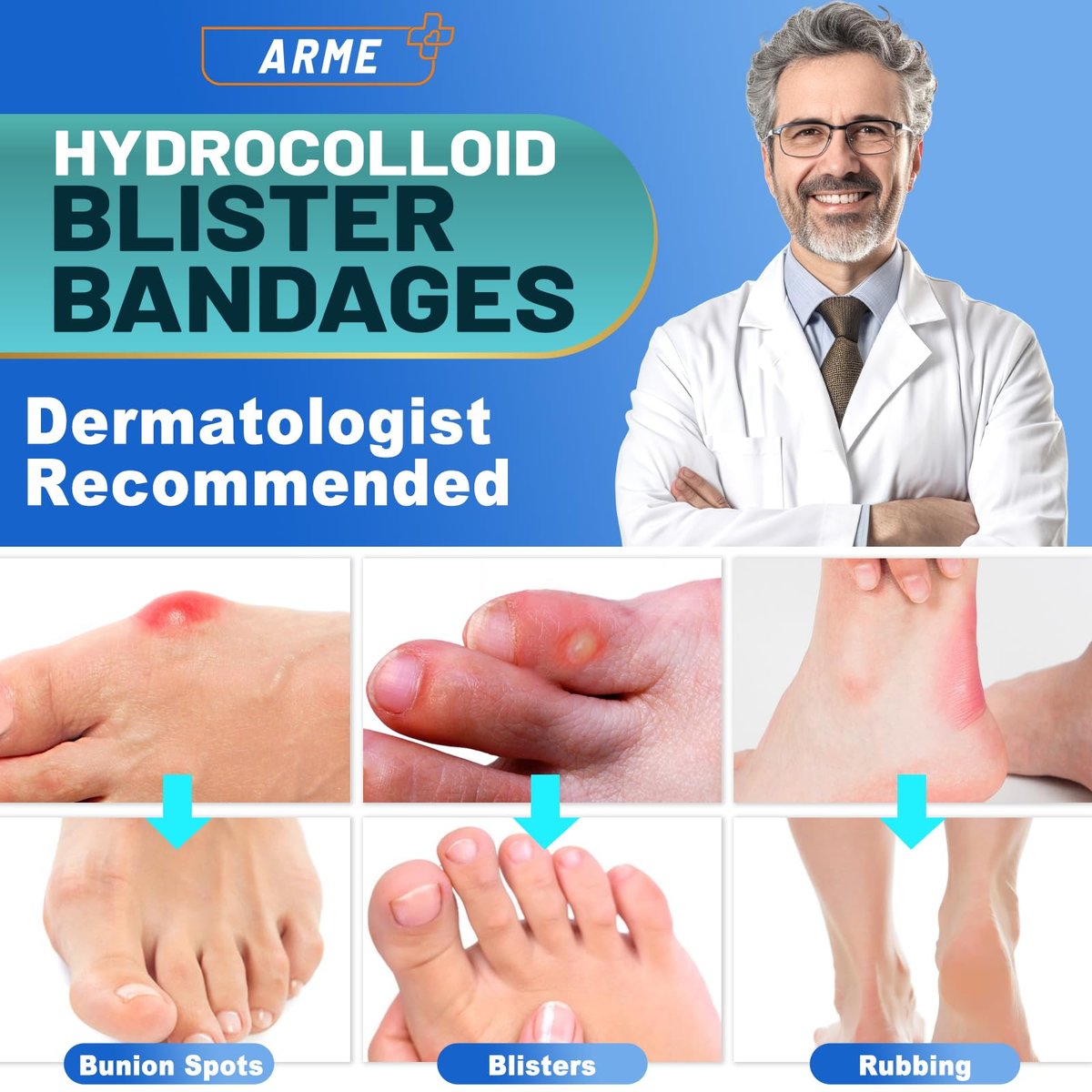 Arme Hydrokolloid-Bandagen, 120 Stück Gel-Blasenpflaster für Füße, wasserdichte Blasenpflaster zur Vorbeugung & Heilung, Hydroseal-Bandaids für Fersen- und Zehenschutz (4 Formen Sortiment)