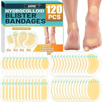 Arme Hydrokolloid-Bandagen, 120 Stück Gel-Blasenpflaster für Füße, wasserdichte Blasenpflaster zur Vorbeugung & Heilung, Hydroseal-Bandaids für Fersen- und Zehenschutz (4 Formen Sortiment)