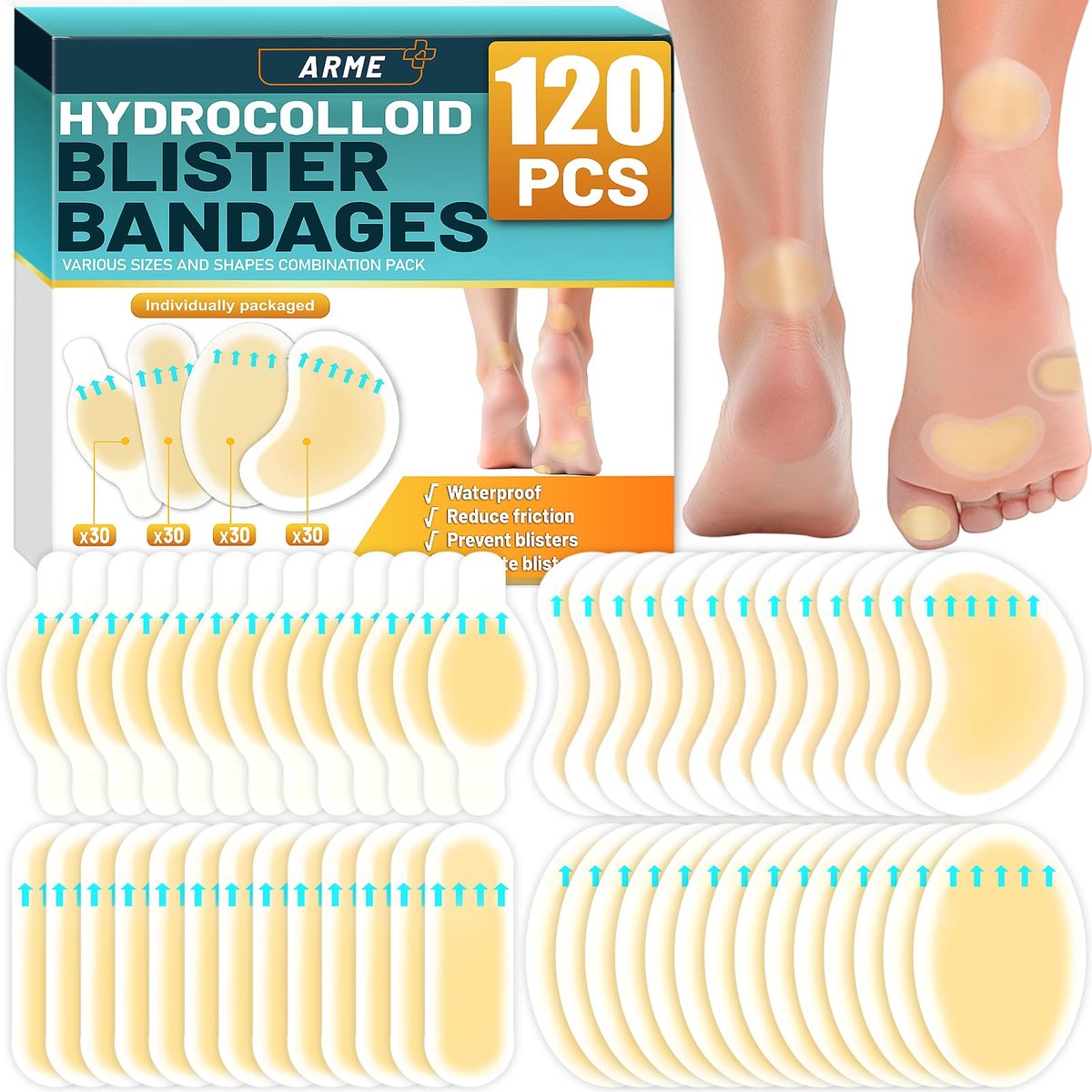 Arme Hydrokolloid-Bandagen, 120 Stück Gel-Blasenpflaster für Füße, wasserdichte Blasenpflaster zur Vorbeugung & Heilung, Hydroseal-Bandaids für Fersen- und Zehenschutz (4 Formen Sortiment)