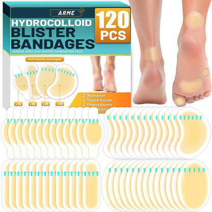 Arme Hydrokolloid-Bandagen, 120 Stück Gel-Blasenpflaster für Füße, wasserdichte Blasenpflaster zur Vorbeugung & Heilung, Hydroseal-Bandaids für Fersen- und Zehenschutz (4 Formen Sortiment)