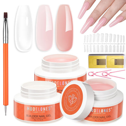 Modelones Builder Nail Gel Set 3 Farben French Tip, 10-in-1 Hartgel Nagel Kit mit Doppelendpinsel und Papierformen für Nagelverlängerung Apex Building Skulpturierung LED-gehärtet