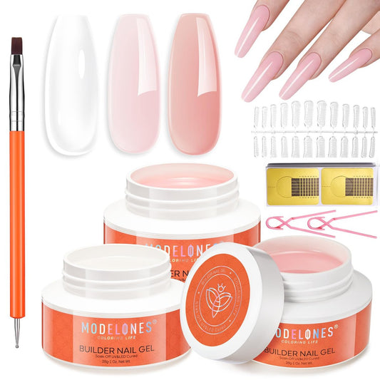 Modelones Builder Nail Gel Set 3 Farben French Tip, 10-in-1 Hartgel Nagel Kit mit Doppelendpinsel und Papierformen für Nagelverlängerung Apex Building Skulpturierung LED-gehärtet