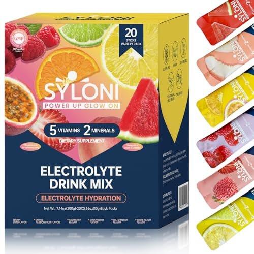Syloni Elektrolyt-Pulverbeutel, Probierpaket (20 Sticks), Zuckerfreie Hydrationsbeutel mit 7 Vitaminen und Elektrolyten, Keto-freundlich, Vegan, Glutenfrei