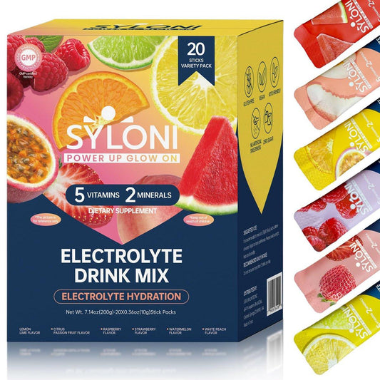 Syloni Elektrolyt-Pulverbeutel, Probierpaket (20 Sticks), Zuckerfreie Hydrationsbeutel mit 7 Vitaminen und Elektrolyten, Keto-freundlich, Vegan, Glutenfrei