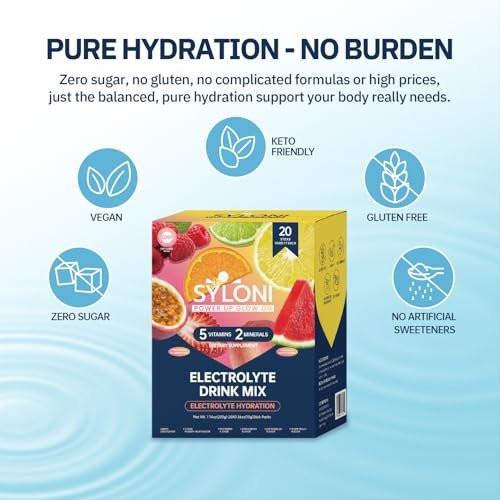 Syloni Elektrolyt-Pulverbeutel, Probierpaket (20 Sticks), Zuckerfreie Hydrationsbeutel mit 7 Vitaminen und Elektrolyten, Keto-freundlich, Vegan, Glutenfrei
