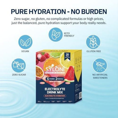 Syloni Elektrolyt-Pulverbeutel, Probierpaket (20 Sticks), Zuckerfreie Hydrationsbeutel mit 7 Vitaminen und Elektrolyten, Keto-freundlich, Vegan, Glutenfrei