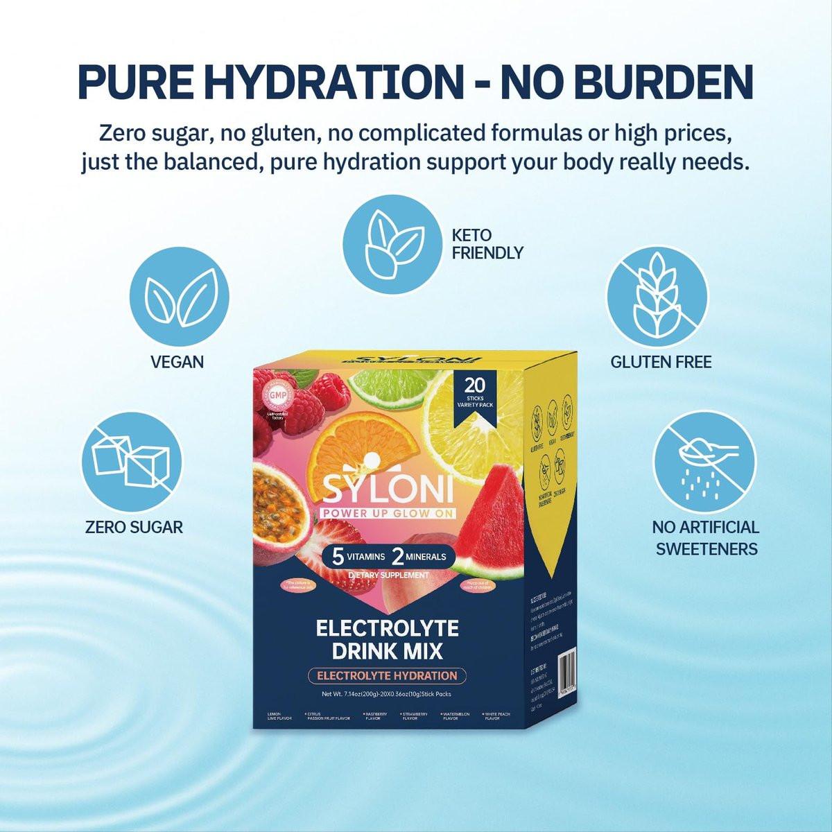 Syloni Elektrolyt-Pulverbeutel, Probierpaket (20 Sticks), Zuckerfreie Hydrationsbeutel mit 7 Vitaminen und Elektrolyten, Keto-freundlich, Vegan, Glutenfrei