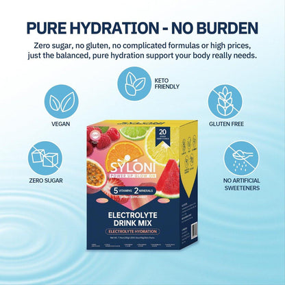 Syloni Elektrolyt-Pulverbeutel, Probierpaket (20 Sticks), Zuckerfreie Hydrationsbeutel mit 7 Vitaminen und Elektrolyten, Keto-freundlich, Vegan, Glutenfrei