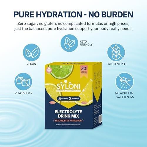 Syloni Elektrolytpulver Portionsbeutel, Zitrone-Limette 20 Sticks, Zuckerfreie Hydrationspackungen Elektrolyt-Getränkemischung mit 7 Vitaminen und Elektrolyten, Keto-freundlich, Vegan, Glutenfrei