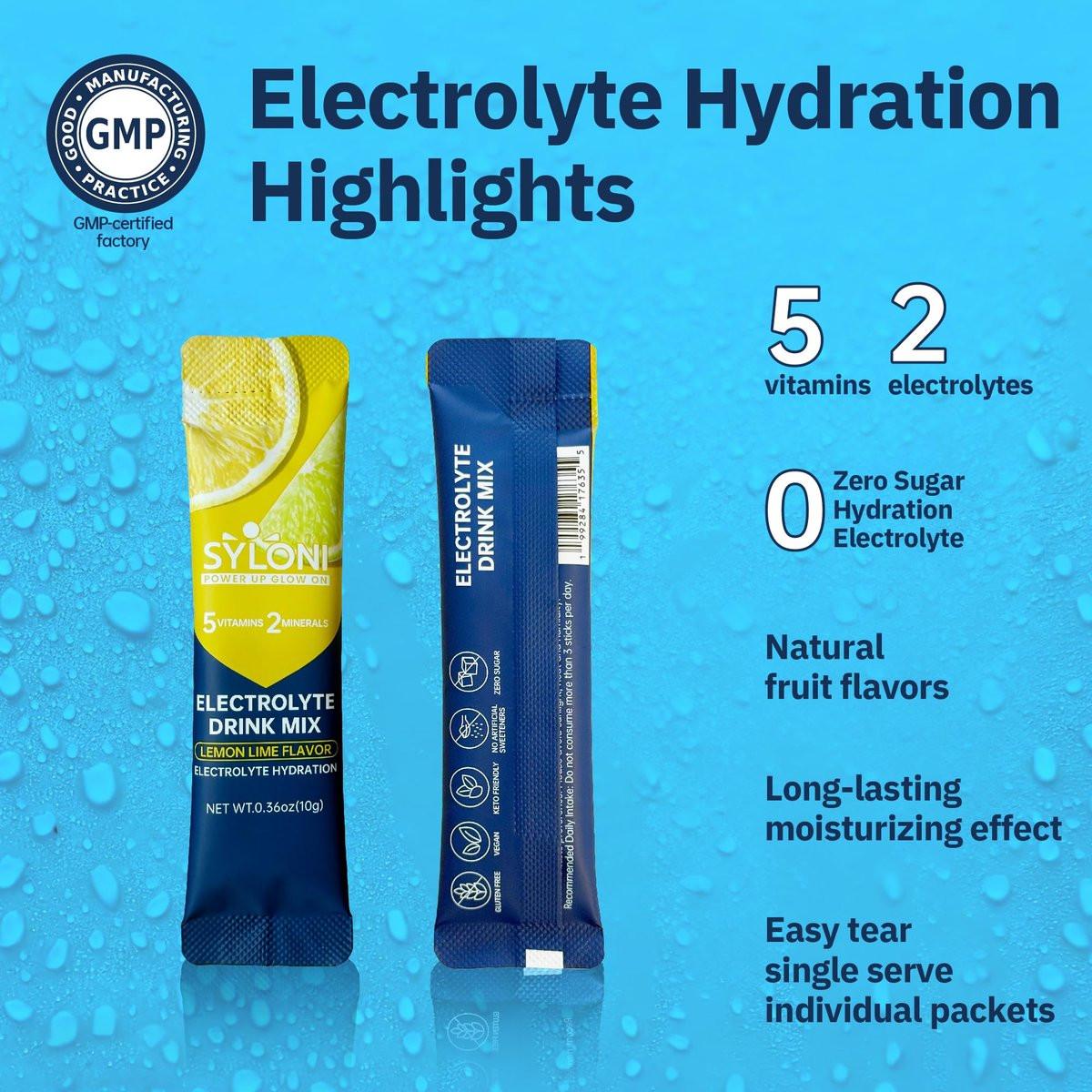 Syloni Elektrolytpulver Portionsbeutel, Zitrone-Limette 20 Sticks, Zuckerfreie Hydrationspackungen Elektrolyt-Getränkemischung mit 7 Vitaminen und Elektrolyten, Keto-freundlich, Vegan, Glutenfrei