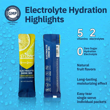 Syloni Elektrolytpulver Portionsbeutel, Zitrone-Limette 20 Sticks, Zuckerfreie Hydrationspackungen Elektrolyt-Getränkemischung mit 7 Vitaminen und Elektrolyten, Keto-freundlich, Vegan, Glutenfrei