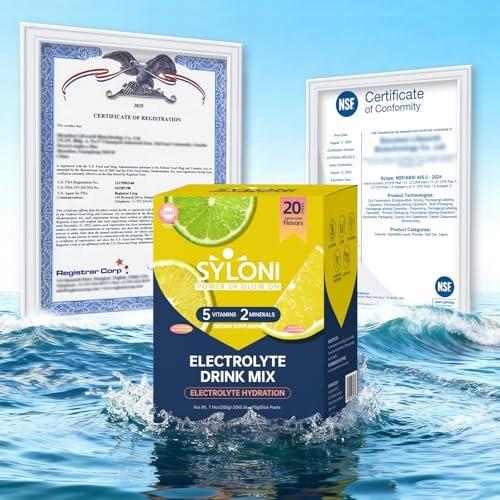 Syloni Elektrolytpulver Portionsbeutel, Zitrone-Limette 20 Sticks, Zuckerfreie Hydrationspackungen Elektrolyt-Getränkemischung mit 7 Vitaminen und Elektrolyten, Keto-freundlich, Vegan, Glutenfrei