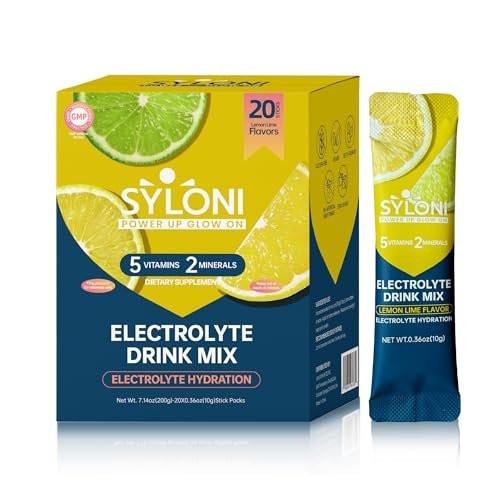 Syloni Elektrolytpulver Portionsbeutel, Zitrone-Limette 20 Sticks, Zuckerfreie Hydrationspackungen Elektrolyt-Getränkemischung mit 7 Vitaminen und Elektrolyten, Keto-freundlich, Vegan, Glutenfrei