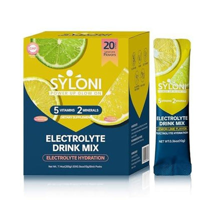 Syloni Elektrolytpulver Portionsbeutel, Zitrone-Limette 20 Sticks, Zuckerfreie Hydrationspackungen Elektrolyt-Getränkemischung mit 7 Vitaminen und Elektrolyten, Keto-freundlich, Vegan, Glutenfrei