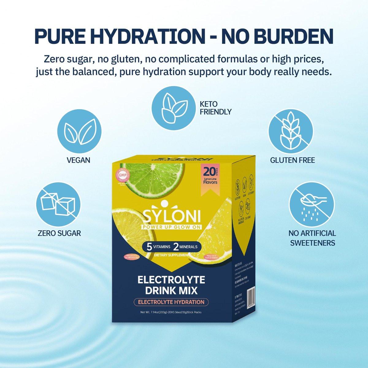 Syloni Elektrolytpulver Portionsbeutel, Zitrone-Limette 20 Sticks, Zuckerfreie Hydrationspackungen Elektrolyt-Getränkemischung mit 7 Vitaminen und Elektrolyten, Keto-freundlich, Vegan, Glutenfrei