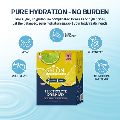 Syloni Elektrolytpulver Portionsbeutel, Zitrone-Limette 20 Sticks, Zuckerfreie Hydrationspackungen Elektrolyt-Getränkemischung mit 7 Vitaminen und Elektrolyten, Keto-freundlich, Vegan, Glutenfrei