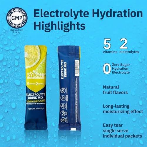 Syloni Elektrolytpulver Portionsbeutel, Zitrone-Limette 20 Sticks, Zuckerfreie Hydrationspackungen Elektrolyt-Getränkemischung mit 7 Vitaminen und Elektrolyten, Keto-freundlich, Vegan, Glutenfrei