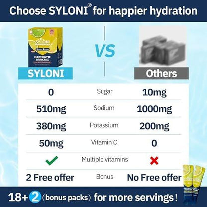 Syloni Elektrolytpulver Portionsbeutel, Zitrone-Limette 20 Sticks, Zuckerfreie Hydrationspackungen Elektrolyt-Getränkemischung mit 7 Vitaminen und Elektrolyten, Keto-freundlich, Vegan, Glutenfrei