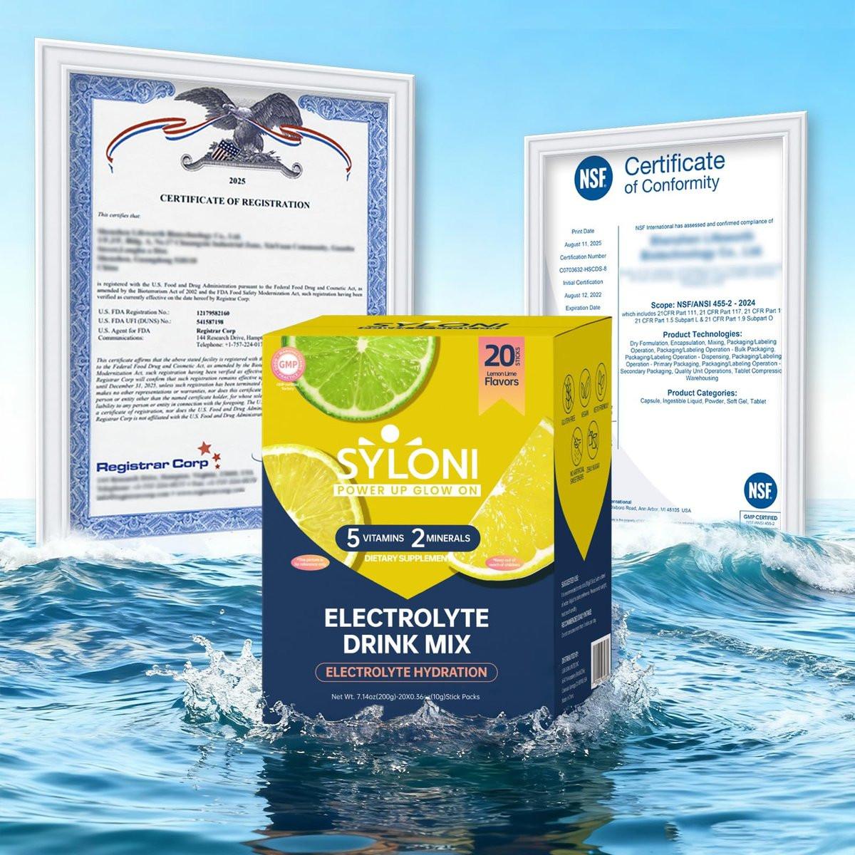 Syloni Elektrolytpulver Portionsbeutel, Zitrone-Limette 20 Sticks, Zuckerfreie Hydrationspackungen Elektrolyt-Getränkemischung mit 7 Vitaminen und Elektrolyten, Keto-freundlich, Vegan, Glutenfrei