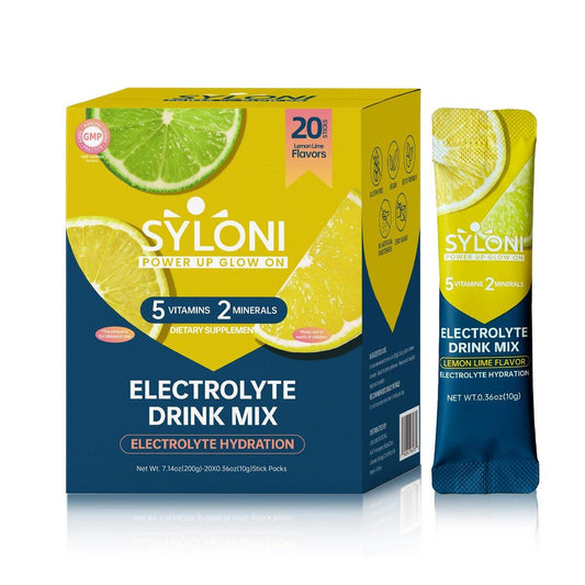 Syloni Elektrolytpulver Portionsbeutel, Zitrone-Limette 20 Sticks, Zuckerfreie Hydrationspackungen Elektrolyt-Getränkemischung mit 7 Vitaminen und Elektrolyten, Keto-freundlich, Vegan, Glutenfrei
