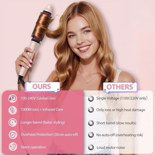 Infrarot-Thermobürste 1,65 Zoll – 100 Mio. negative Ionen, 2-in-1 Locken, Glätten & Styling-Rundbürste, 6 Heizstufen mit LED-Display, leise, Dual-Voltage, Auto-Abschaltung, Pink, Geschenkbox