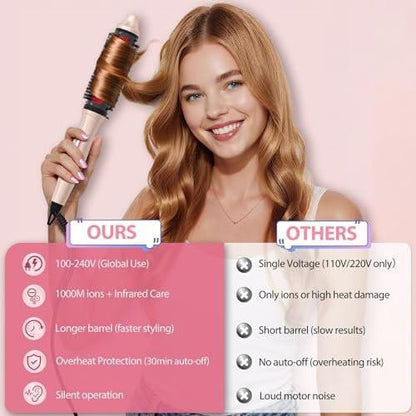 Infrarot-Thermobürste 1,65 Zoll – 100 Mio. negative Ionen, 2-in-1 Locken, Glätten & Styling-Rundbürste, 6 Heizstufen mit LED-Display, leise, Dual-Voltage, Auto-Abschaltung, Pink, Geschenkbox