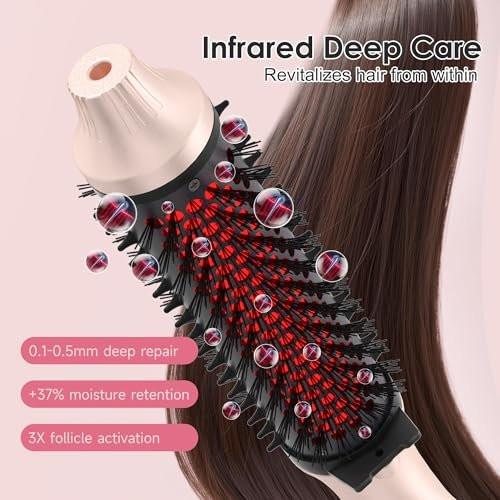 Infrarot-Thermobürste 1,65 Zoll – 100 Mio. negative Ionen, 2-in-1 Locken, Glätten & Styling-Rundbürste, 6 Heizstufen mit LED-Display, leise, Dual-Voltage, Auto-Abschaltung, Pink, Geschenkbox