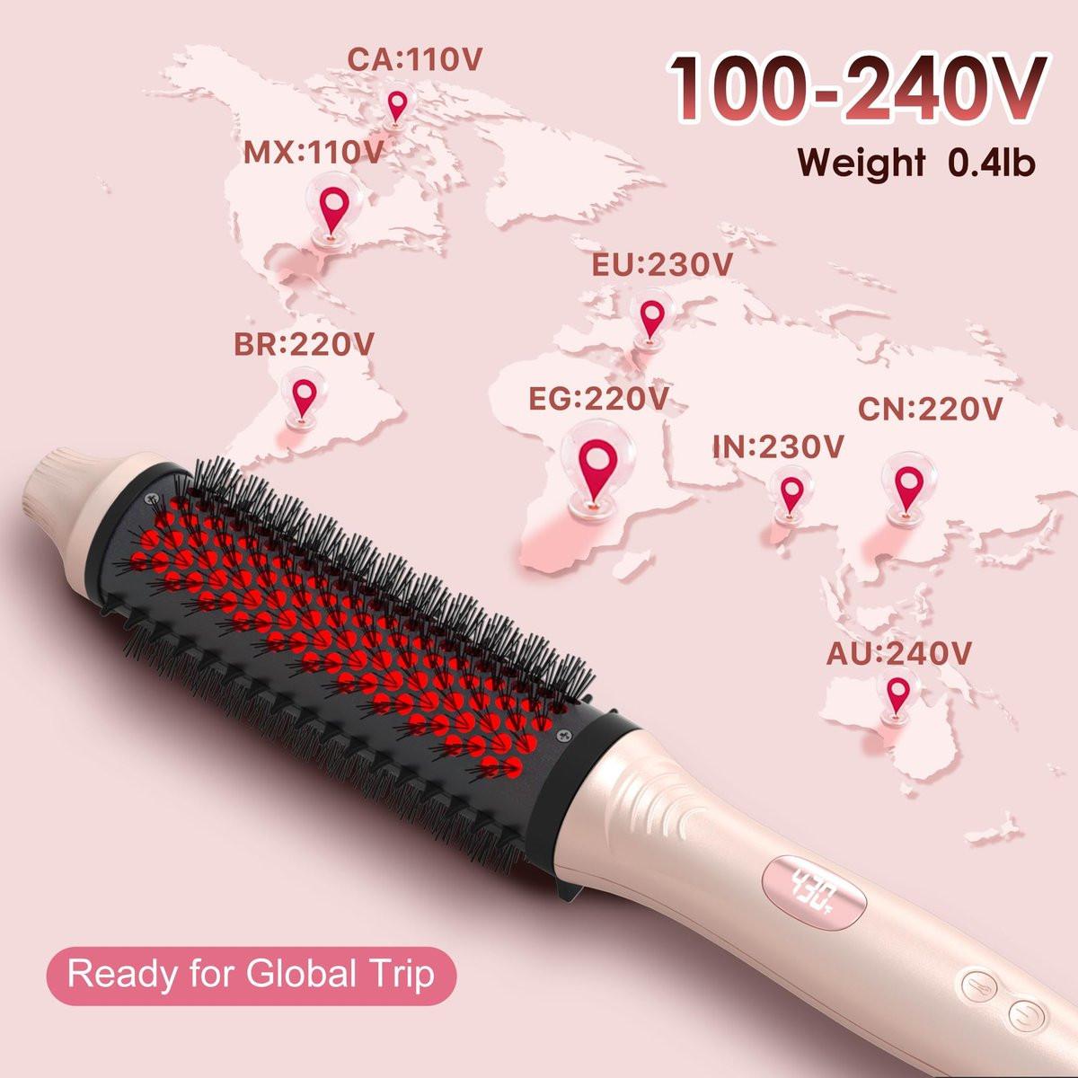 Infrarot-Thermobürste 1,65 Zoll – 100 Mio. negative Ionen, 2-in-1 Locken, Glätten & Styling-Rundbürste, 6 Heizstufen mit LED-Display, leise, Dual-Voltage, Auto-Abschaltung, Pink, Geschenkbox