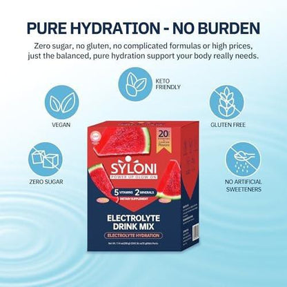 Syloni Elektrolyte Pulver Beutel, Wassermelone (0,36 oz * 20 Sticks), Zuckerfreie Hydrationspackungen mit 7 Vitaminen und Elektrolyten, Keto-freundlich, vegan, glutenfrei