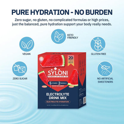 Syloni Elektrolyte Pulver Beutel, Wassermelone (0,36 oz * 20 Sticks), Zuckerfreie Hydrationspackungen mit 7 Vitaminen und Elektrolyten, Keto-freundlich, vegan, glutenfrei