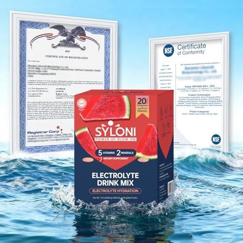 Syloni Elektrolyte Pulver Beutel, Wassermelone (0,36 oz * 20 Sticks), Zuckerfreie Hydrationspackungen mit 7 Vitaminen und Elektrolyten, Keto-freundlich, vegan, glutenfrei