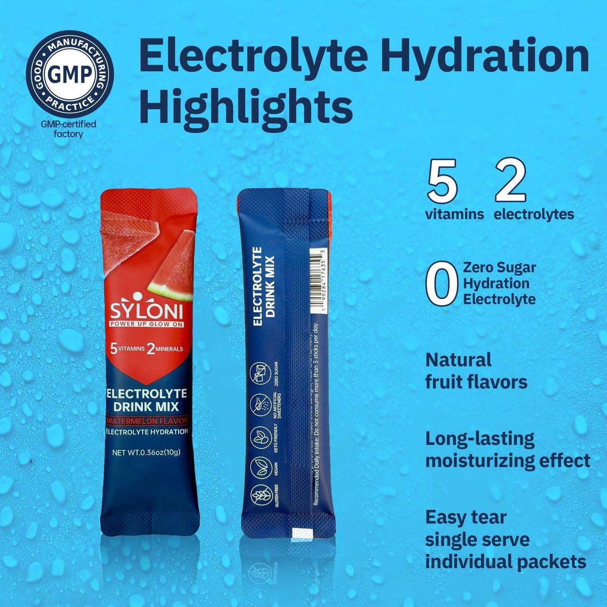 Syloni Elektrolyte Pulver Beutel, Wassermelone (0,36 oz * 20 Sticks), Zuckerfreie Hydrationspackungen mit 7 Vitaminen und Elektrolyten, Keto-freundlich, vegan, glutenfrei