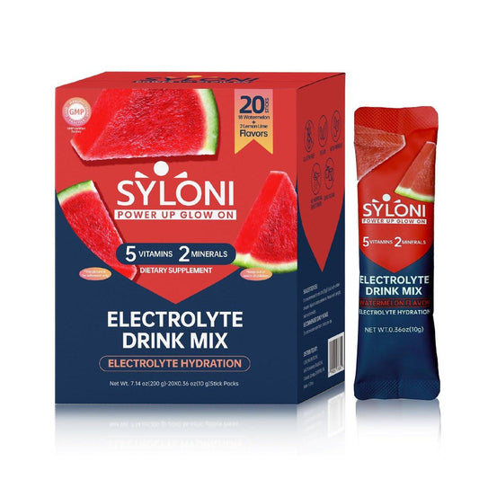 Syloni Elektrolyte Pulver Beutel, Wassermelone (0,36 oz * 20 Sticks), Zuckerfreie Hydrationspackungen mit 7 Vitaminen und Elektrolyten, Keto-freundlich, vegan, glutenfrei