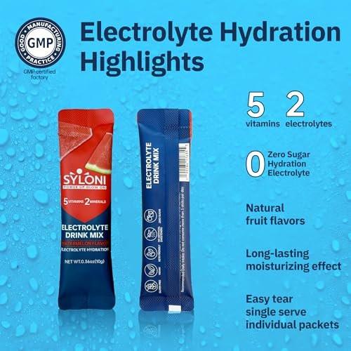 Syloni Elektrolyte Pulver Beutel, Wassermelone (0,36 oz * 20 Sticks), Zuckerfreie Hydrationspackungen mit 7 Vitaminen und Elektrolyten, Keto-freundlich, vegan, glutenfrei